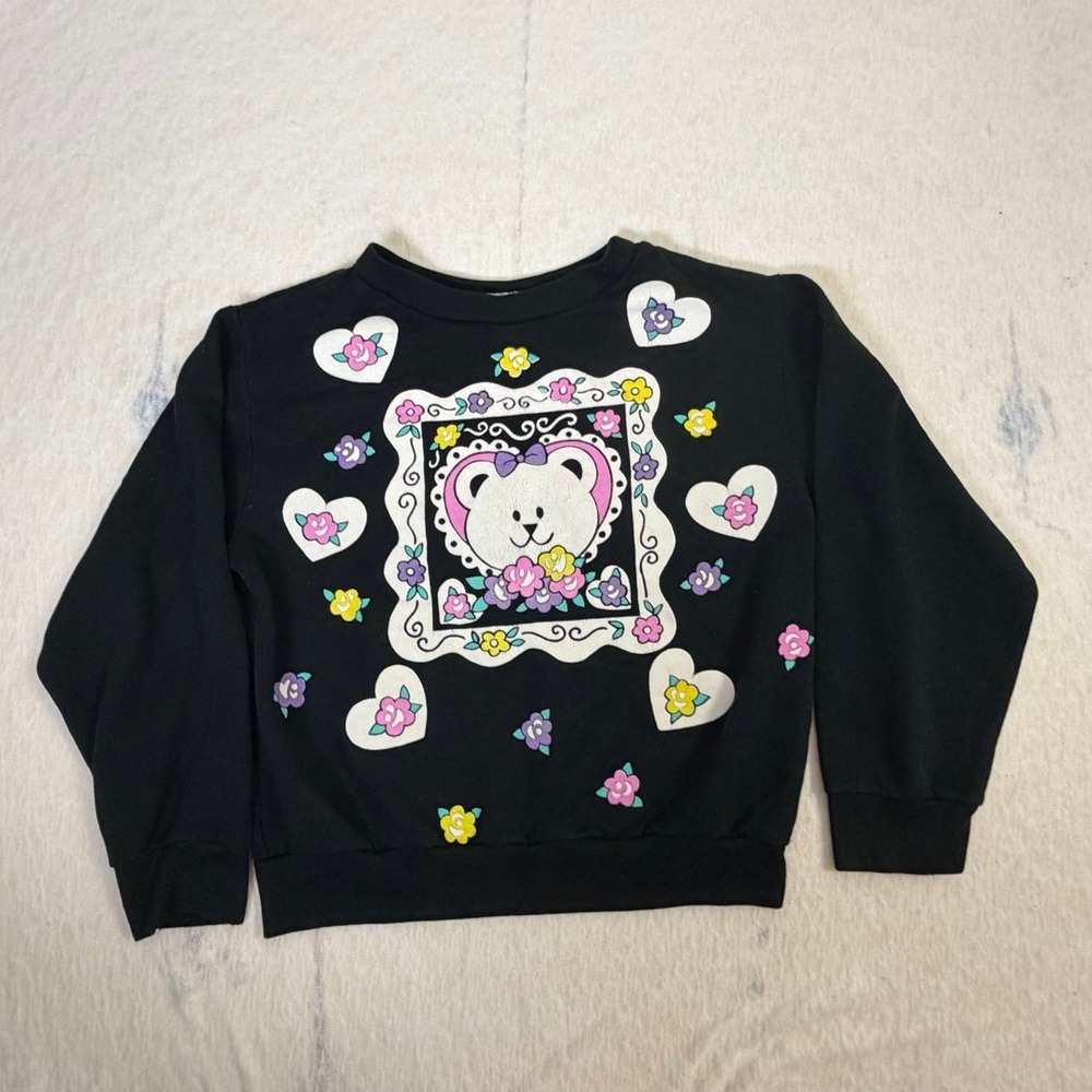 Vintage Basic Image Teddy Bear Sweatshirt Girls 8/10 Black Floral‎ Hearts 90s